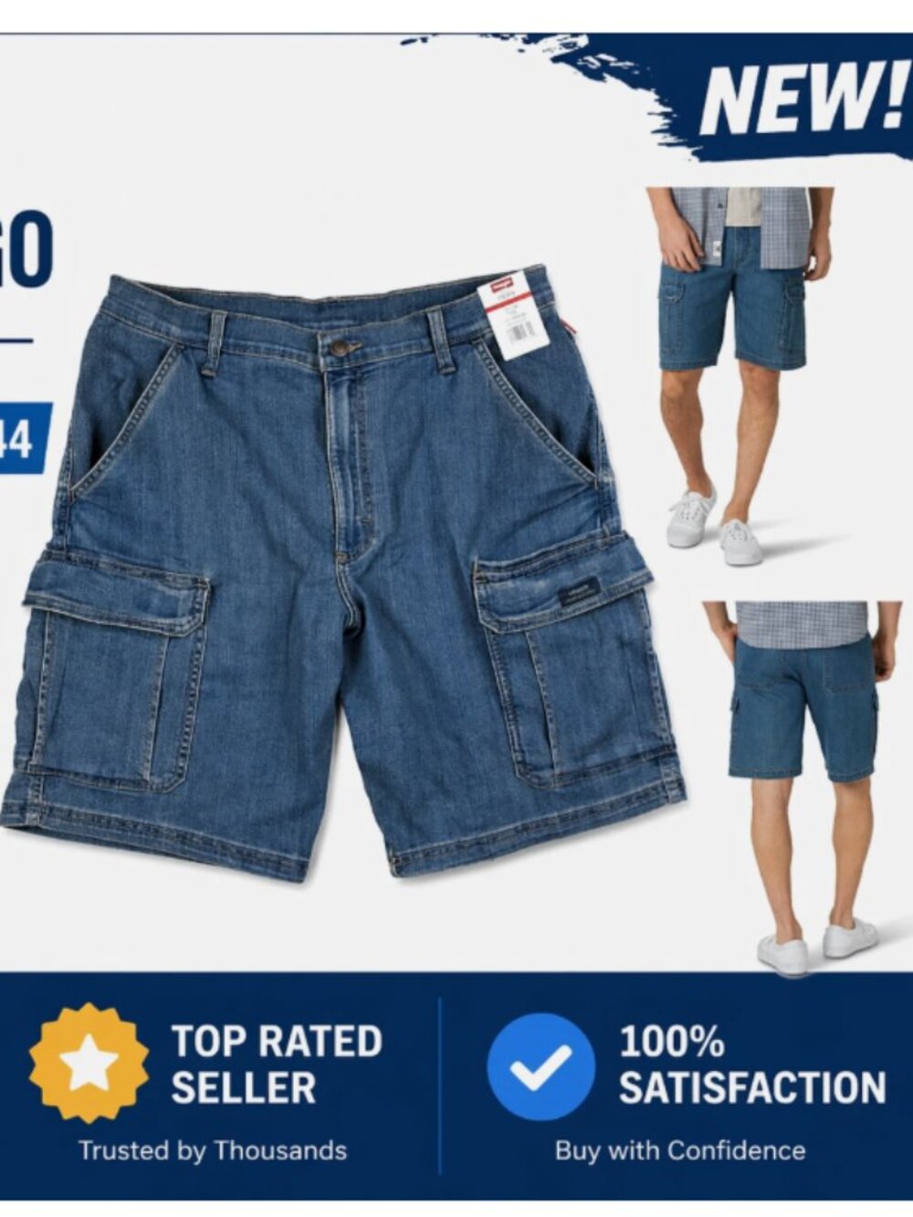 Wrangler Size W40 Denim Cargo Men's Shorts Medium Wash Tech Pocket New